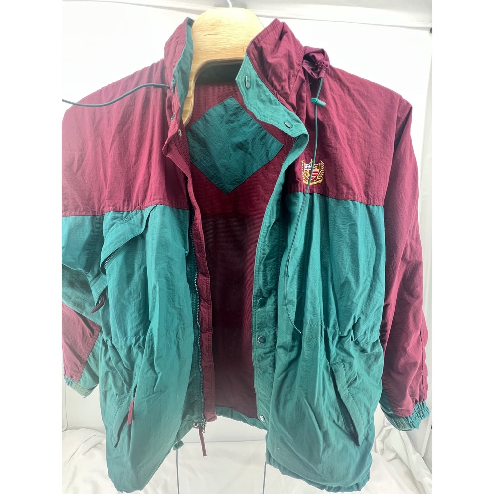 Vintage‎ Colorblock Windbreaker Jacket Burgundy Teal Embroidered Crest Nylon